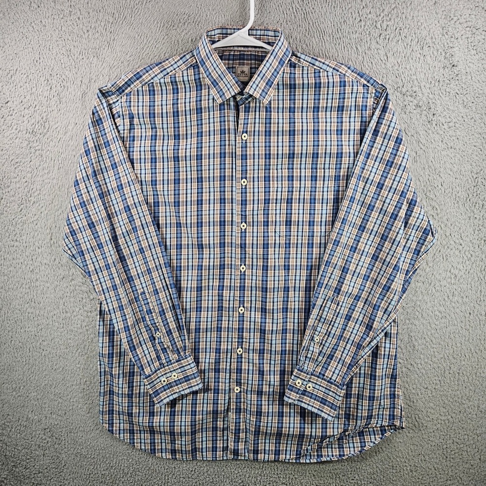 Peter Millar Mens XL Blue Brown Plaid Long‎ Sleeve 100% Cotton Button Down Shirt